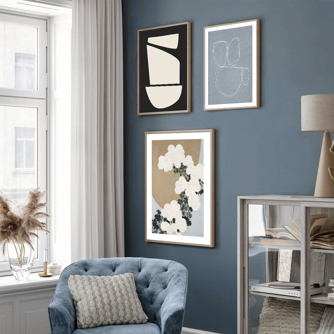 dusty blue, home décor, Scandinavian interior, minimalist, line art, living room, velvet armchair