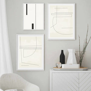 white Scandinavian interior, living room, chair, shelf, vase, branches, gallery wall, geometric lines, abstract artwork